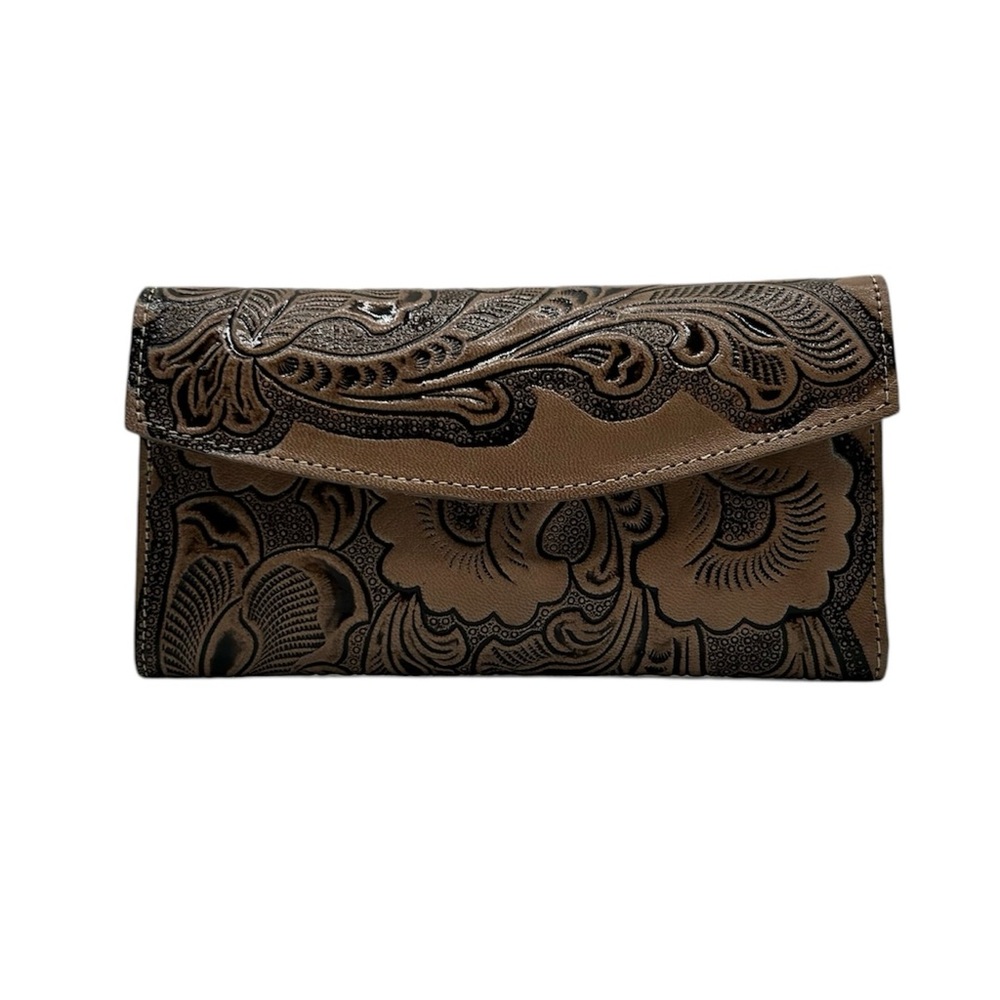 Women’s Tan Brown Trifold Floral Tooled Leather Wallet
